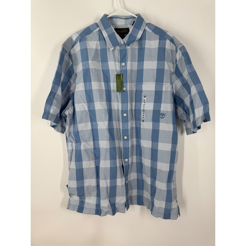 Timberland Mens XL Blue White Buffalo Check Plaid Cotton Short Sleeve‎ Shirt NWT